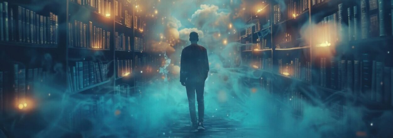 Man walking in magical library with clouds and stars above